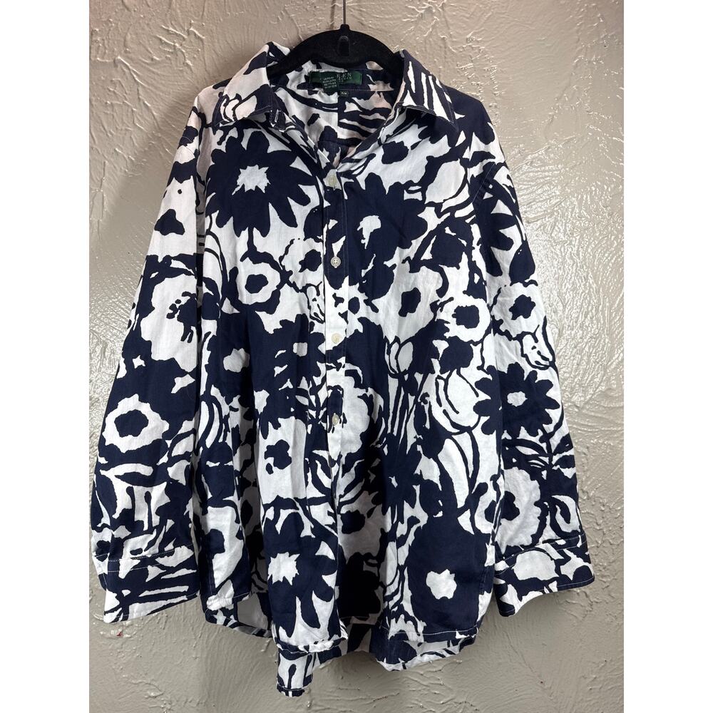Lauren Ralph Lauren Women's Blouse Navy Blue & White Floral Print Petite Size PM